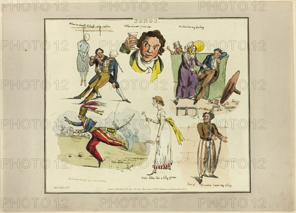 Plate from Illustrations to Popular Songs, 1822, Henry Alken (English, 1785-1851), published by Thomas McLean (English, active 1790-1860), England, Soft ground etching with hand-coloring and aquatint on paper, 204 × 240 mm (image), 214 × 250 mm (plate), 245 × 340 mm (sheet)