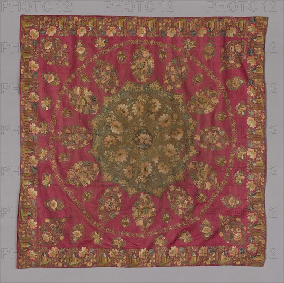 Cover, 18th century, Turkey, Turkey, Embroidered with polychrome silk, gold, and silver in chain stitch on plain rose silk, 107 x 105.7 cm (42 3/8 x 41 5/8 in.)