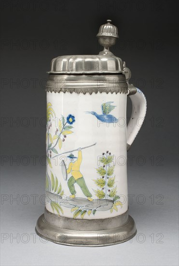Tankard, c. 1720, Germany, Tin-glazed earthenware (faience) and pewter, H. 27.9 cm (11 in.), diam. 15.4 cm (6 6/16 in.)