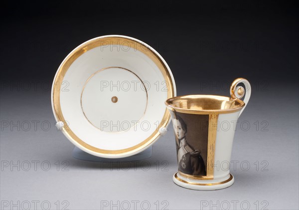 Cup and Saucer, 18th century, Germany, Hard-paste porcelain, monochrome black, and gilding, Cup: H. 9.8 cm (3 7/8 in.), width with handle 9.8 cm (3 7/8 in.), Saucer: H. 3.3 cm (1 5/6 in.), diam. 13.2 cm (5 3/16 in.)