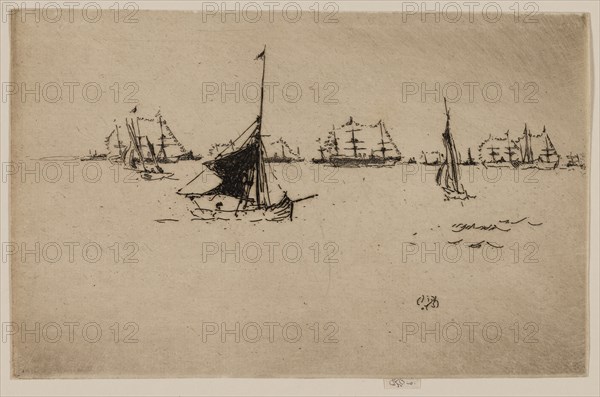 Her Majesty’s Fleet: Evening, 1887, James McNeill Whistler, American, 1834-1903, United States, Etching and drypoint with foul biting in black ink on ivory laid paper, 141 x 221 mm (image, trimmed within plate mark), 144 x 221 mm (sheet)