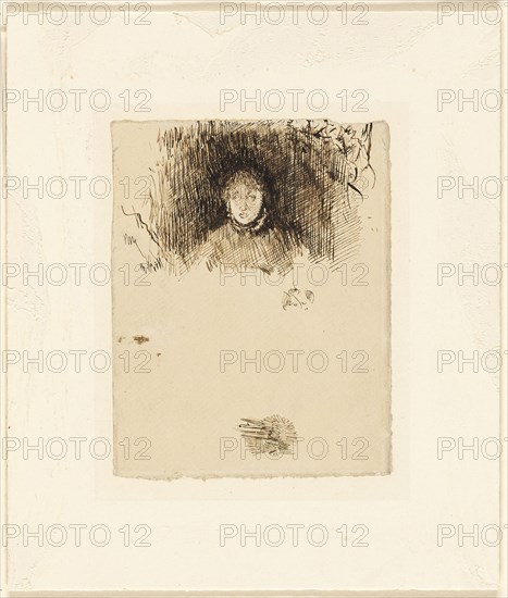 Head of a Girl, c. 1882, James McNeill Whistler, American, 1834-1903, United States, Pen and brown ink with scraping on cream laid paper laid down on ivory board, 120 x 93 mm