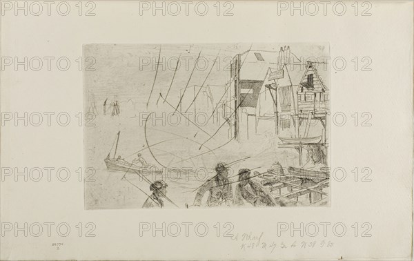 Stevens’ Boat Yard, 1859, James McNeill Whistler, American, 1834-1903, United States, Etching and drypoint with foul biting, with drypoint cancellation, in black ink on ivory laid paper, 152 x 227 mm (plate), 237 x 378 mm (sheet, sight, bound)