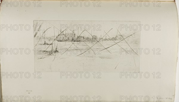 Battersea: Early Morning, 1875, James McNeill Whistler, American, 1834-1903, United States, Etching and drypoint with foul biting, with drypoint and scraped cancellation, in black ink on ivory wove paper, 114 x 227 mm (plate), 239 x 380 mm (sheet)