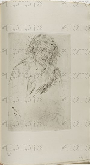 Fumette’s Bent Head, 1859, James McNeill Whistler, American, 1834-1903, United States, Drypoint with foul biting, with drypoint cancellation, in black ink on ivory laid paper, 225 x 153 mm (plate), 376 x 241 mm (sheet, sight, bound)