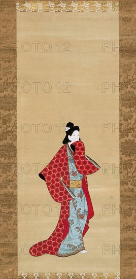 Courtesan, 1750/75, Japanese, 17th century, Japan, Hanging scroll, ink and color on paper, 77.2 x 30.2 cm (30 3/8 x 11 7/8 in.), including mount and knobs: 164.4 x 48 cm (64 3/4 x 18 15/16 in.)