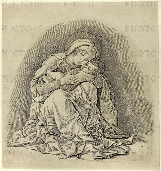 Virgin and Child, 1485/91, Andrea Mantegna, Italian, 1431-1506, Italy, Engraving in black on buff laid paper, 228 x 235 mm (image before remargining), 265 x 250 mm (sheet)