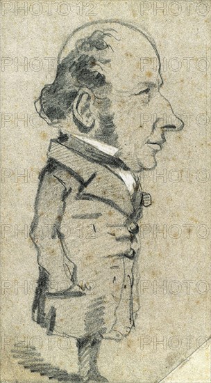 Caricature of Eugène Marcel, 1855/56, Claude Monet, French, 1840-1926, France, Graphite, heightened with white chalk, on gray wove paper, 239 × 136 mm