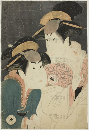 The actors Segawa Tomisaburo II (R) as Yadorigi, wife of Ogishi Kurando, and Nakamura Manyo (L) as the servant Wakakusa, 1794, Toshusai Sharaku ??? ??, Japanese, active 1794-95, Japan, Color woodblock print, oban, 36.4 x 24.6 cm