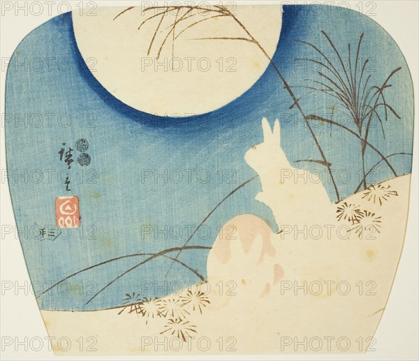 Rabbits in moonlight, c. 1849/52, Utagawa Hiroshige ?? ??, Japanese, 1797-1858, Japan, Color woodblock print, uchiwa-e, 22.5 x 26 cm (8 5/8 x 10 1/4 in.)