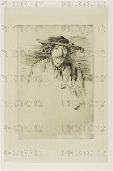 Whistler with a Hat, 1859, James McNeill Whistler, American, 1834-1903, United States, Drypoint in black ink on cream laid paper discolored to buff, 225 x 151 mm (plate), 306 x 207 mm (sheet)