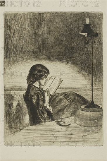 Reading by Lamplight, 1859, James McNeill Whistler, American, 1834-1903, United States, Etching and drypoint with foul biting in black ink on ivory laid paper, 159 x 118 mm (plate), 294 x 243 mm (sheet)
