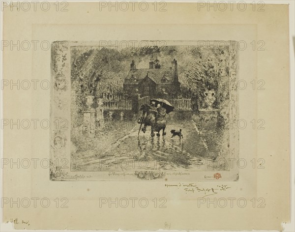Country Neighbors, 1878, Félix Hilaire Buhot, French, 1847-1898, France, Etching and aquatint on light green laid paper, 135 × 182 mm (plate), 220 × 275 mm (sheet)