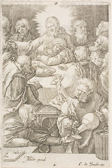 The Last Supper, 1615/1620, Jan Harmensz Muller (Dutch, 1571-1628), after Lucas van Leyden (Netherlandish, c. 1494-1533), Holland, Engraving in black on ivory laid paper, 117 x 77 mm (image), 118 x 80 mm (plate/sheet, trimmed to plate mark)
