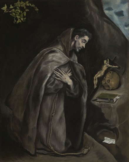 Saint Francis Kneeling in Meditation, 1595/1600, El Greco (Domenikos Theotokopoulos), Greek, active in Spain, 1541–1614, Spain, Oil on canvas, 92 × 74 cm (36 3/16 × 24 1/8 in. ), painted surface: 89.5 × 72 cm (35 1/4 × 28 3/8 in. )