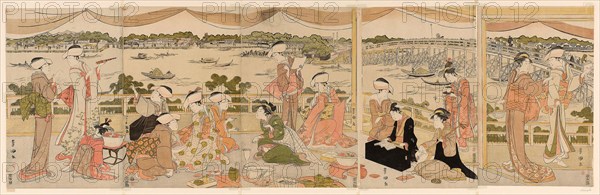 Recital on a verandah overlooking Sumida River, c. 1790/95, Utagawa Toyokuni I ?? ?? ??, Japanese, 1769–1825, Japan, Color woodblock print, oban pentaptych, each sheet approx. 38.7 x 25.4 cm (15 1/4 x 10 in.)