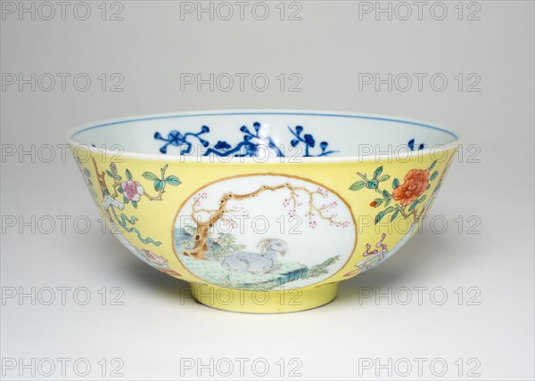 Bowl with Six Goats, Qing dynasty (1644–1911), Daoquang reign mark and period (1821–1850), China, Porcelain painted in underglaze blue and overglaze enamels, H. 6.4 cm (2 1/2 in.), diam. 15.3 cm (6 in.)