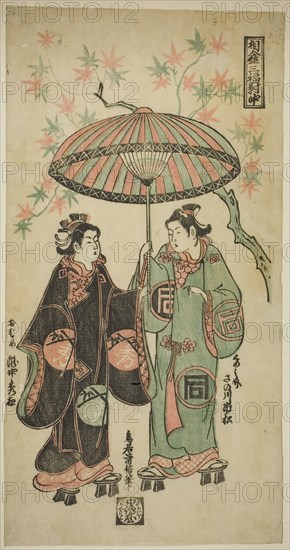 The Actor Sanogawa Ichimatsu I as Kumenosuke and Takinaka Hidematsu I as Oume, from Sharing an Umbrella: A Triptych (Aigasa sanpukutsui), c. 1745, Torii Kiyonobu II, Japanese, active c. 1725-61, Japan, Color woodblock print, center sheet of hosoban triptych, benizuri-e, 11 1/2 x 5 7/8 in.