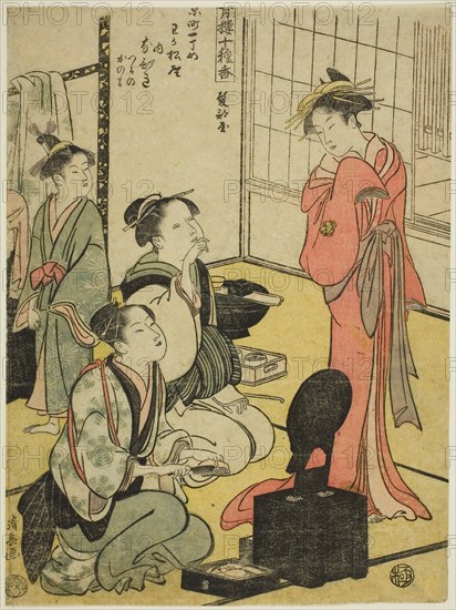 Hairdressing Room (Kamibeya), from the series Ten Kinds of Incense in the Pleasure Quarters (Seiro jisshu ko), c. 1793/94, Torii Kiyonaga, Japanese, 1752-1815, Japan, Color woodblock print, chuban, 24.9 x 18.4 cm