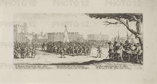 Recruitment of Troops, plate two from The Miseries of War, 1633, Jacques Callot (French, 1592-1635), published by Israël Henriet (French, 1590-1661), France, Etching on paper, 81.5 × 187 mm (plate), 119 × 223 mm (sheet)