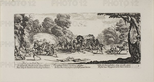 Attack on the Coach, plate eight from The Miseries of War, 1633, Jacques Callot (French, 1592-1635), published by Israël Henriet (French, 1590-1661), France, Etching on paper, 82 × 185.5 mm (plate), 119 × 223 mm (sheet)
