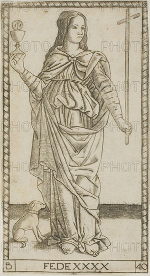 Faith, plate 40 from Genii and Virtues, 1470/80, Master of the S-Series Tarocchi, Italian, active c. 1470, Italy, Engraving in black on buff laid paper, 172 x 92 mm (image/plate), 173 x 94 (sheet)
