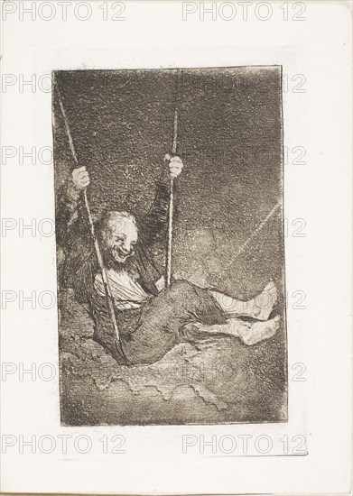 Old man on a swing, 1825/27, Francisco José de Goya y Lucientes, Spanish, 1746-1828, Spain, Etching and burnished aquatint and/or lavis on ivory paper, 163 x 105 mm (image), 188 x 122 mm (plate), 225 x 162 mm (sheet)