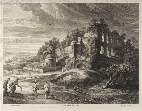 Landscape with the Great Ruins, from The Small Landscapes, c. 1638, Schelte Adamsz. Bolswert (Dutch, active in Flanders, c. 1586–1659), after Peter Paul Rubens (Flemish, c. 1577-1640), Flanders, Engraving on ivory laid paper, 329 × 442 mm (image), 345 × 452 mm (plate), 361 × 460 mm (sheet)