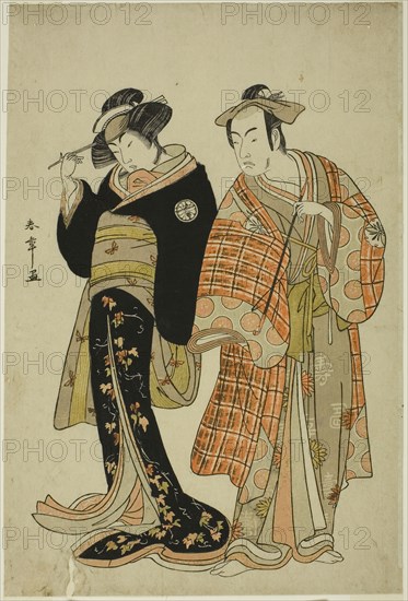 The Actors Matsumoto Koshiro IV and Segawa Kikunojo III as the Lovers Choemon (right) and Ohan (left), in the Elopement Scene Michiyuki Segawa no Adanami (An Elopement: Treacherous Waves in the Shallow River), a Dance Interlude from Part Two of the Play Kabuki no Hana Bandai Soga (Flower of Kabuki: The Eternal Soga), Performed at the Ichimura Theater from the Twenty-fifth Day of the Fourth Month, 1781, c. 1781, Katsukawa Shunsho ?? ??, Japanese, 1726-1792, Japan, Color woodblock print, aiban, 32.5 x 21.6 cm (12 13/16 x 8 1/2 in.)