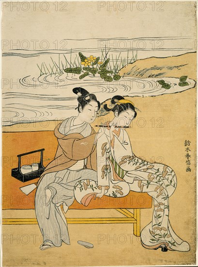 Lovers Playing the Same Fute (parody of Xuanzong and Yang Guifei), c. 1767, Suzuki Harunobu ?? ??, Japanese, 1725 (?)-1770, Japan, Color woodblock print, chuban, 26.8 x 19.7 cm (10 1/2 x 7 3/4 in.)