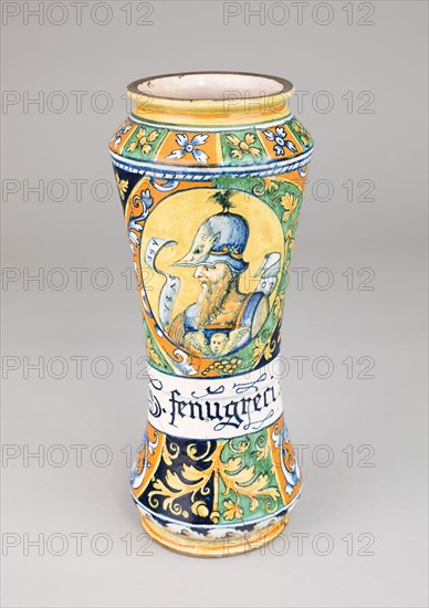 Albarello, c. 1550, Italian, Urbino (Castel Durante)?, Castel Durante Potteries, founded 16th century, Urbania, Tin-glazed earthenware (maiolica), H: 31.4 cm (12 3/8 in.)