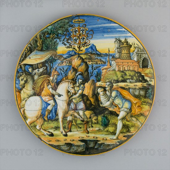 Plate with Story of Numa Pompilius and Arms of Gonzaga, c. 1560, Fontana Workshops, Italian, Urbino, Urbino, Tin-glazed earthenware (maiolica), Diameter: 25.1 cm (9 7/8 in.)