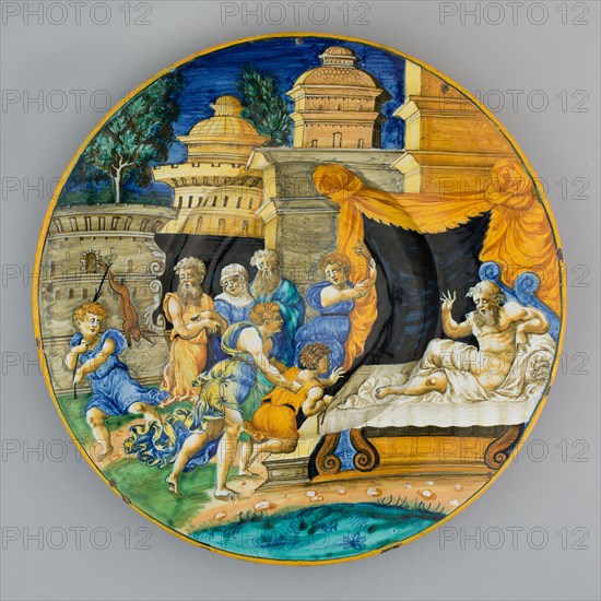 Plate with Isaac Blessing Jacob, 1540/1545, Workshop of Guido di Merlino, (Italian, active about 1523-64), Urbino, Tin-glazed earthenware (maiolica), Diameter: 24.5 cm (9 5/8 in.)