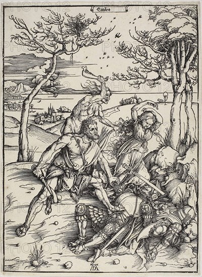 Hercules Conquering the Molionide Twins, c. 1496, Albrecht Dürer, German, 1471-1528, Germany, Woodcut in black on ivory laid paper, 388 x 282 mm (image), 396 x 290 mm (sheet)