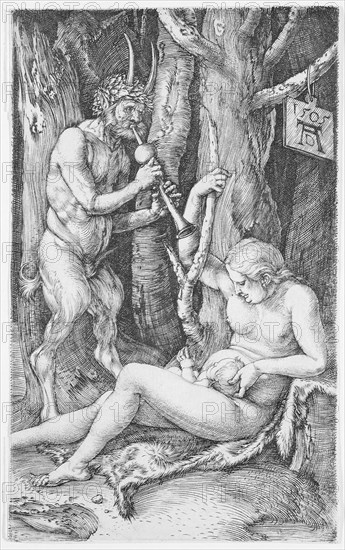 Satyr Family, 1505, Albrecht Dürer, German, 1471-1528, Germany, Engraving in black on off-white laid paper, 116 x 70 mm (image/sheet)