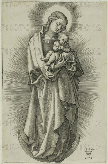 The Virgin on the Crescent with a Diadem, 1514, Albrecht Dürer, German, 1471-1528, Germany, Engraving in black on ivory laid paper, 118 x 77 mm (image/plate/sheet)