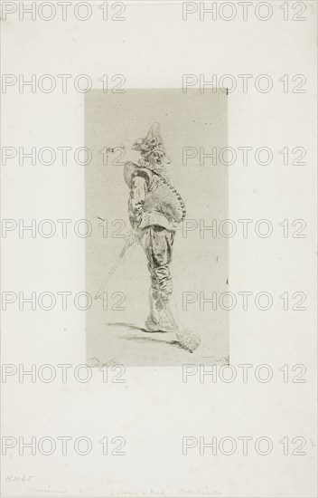 Punchinello, c. 1850, Jean Louis Ernest Meissonier, French, 1815-1891, France, Cliché-verre on ivory photographic paper, 158 × 81 mm (image), 278 × 182 mm (sheet)