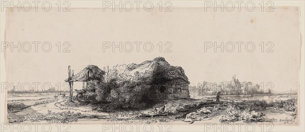 Landscape with Cottages and a Hay Barn: Oblong, 1641, Rembrandt van Rijn, Dutch, 1606-1669, Holland, Etching on off-white laid paper, 132 x 324 mm (sheet), 130 x 322 mm (plate)