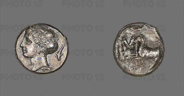 Tetradrachm (Coin) Depicting the Nymph Arethusa, 413–399 BC, Greek, minted in Syracuse, Sicily, Syracuse, Silver, Diam. 2.3 cm, 16.73 g