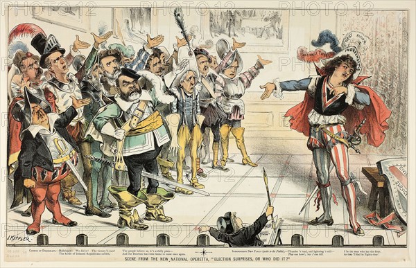 Scene from the New National Operetta, from Puck, 1883, Joseph Keppler, American, 1838-1894, United States, Color lithograph on newsprint, 282 x 475 mm (image), 302 x 477 mm (sheet)