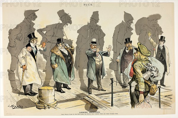 Looking Backward, from Puck, n.d., Joseph Keppler, American, 1838-1894, United States, Color lithograph on newsprint, 318 x 484 mm