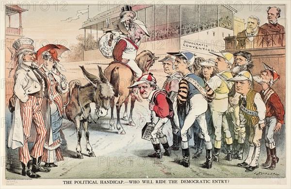 The Political Handicap, from Puck, n.d., Joseph Keppler, American, 1838-1894, United States, Color lithograph on newsprint, 290 x 470 mm (image), 302 x 474 mm (sheet)