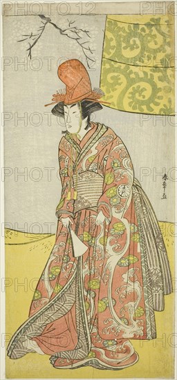 The Actor Segawa Kikunojo III (?) or Segawa Otome (?) as a Shirabyoshi Dancer in Musume Dojo-ji, in the Play Edo no Hana Mimasu Soga (?) or Buke no Hana Musume no Adauchi (?), Performed at the Nakamura Theater (?) in the Fourth Month, 1783 (?), c. 1783, Katsukawa Shunsho ?? ??, Japanese, 1726-1792, Japan, Color woodblock print, hosoban, 33 x 15 cm (13 x 5 7/8 in.)