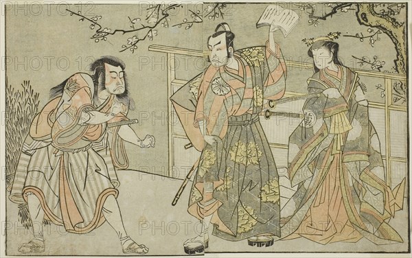 The Actors Yamashita Yaozo I as Ono no Komachi (right), Matsumoto Koshiro II as Godai Saburo (center), and Ichikawa Danzo III as Otomo no Kuronushi (left), in the play Kuni no Hana Ono no Itsumoji, performed at the Nakamura Theater in the eleventh month, 1771, c. 1772, Katsukawa Shunsho ?? ??, Japanese, 1726-1792, Japan, Color woodblock print, page from the illustrated book "Yakusha Kuni no Hana