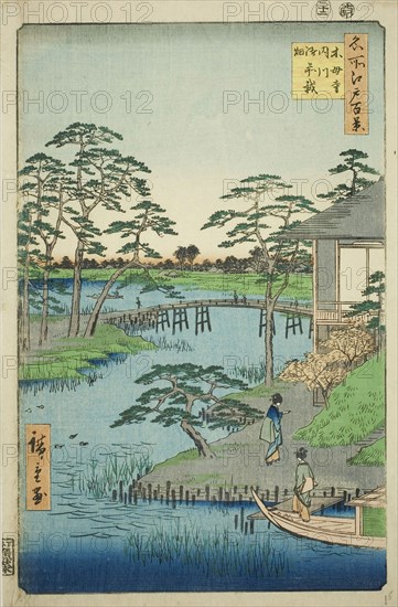 Mokubo Temple, Uchigawa Inlet, and Gozensaihata (Mokuboji Uchigawa Gozensaihata), from the series One Hundred Famous Views of Edo (Meisho Edo hyakkei), 1857, Utagawa Hiroshige ?? ??, Japanese, 1797-1858, Japan, Color woodblock print, oban