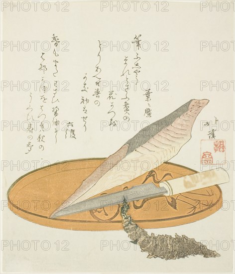 Wasabi root with dried bonito and knife on a lacquer tray, early 1820s, Totoya Hokkei, Japanese, 1780–1850, Japan, Color woodblock print, shikishiban, surimono, 21.6 x 21.5 cm