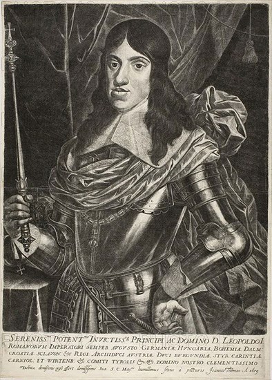 Emperor Leopold I, c. 1659, Jan Thomas, Flemish, 1617-1673, Flanders, Mezzotint on ivory laid paper, 498 × 401 mm (portrait plate), 65 × 398 mm (inscription plate)