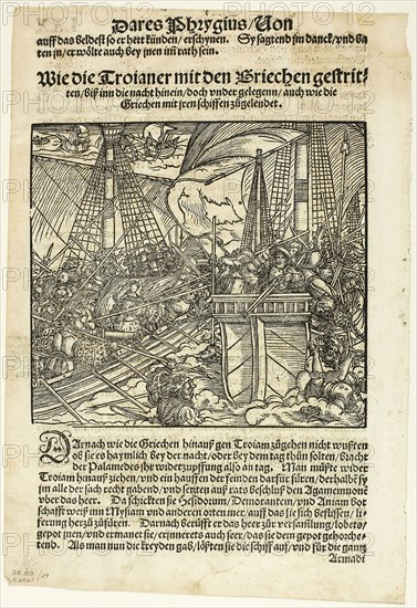Illustration from Von dem Troianischen Krieg, plate 24 from Woodcuts from Books of the XVI Century, 1536, assembled into portfolio 1937, Hans Weiditz II (Master of Petrarch) (German, c.1495-1536), assembled by Max Geisberg (Swiss, 1875-1943), Germany, Woodcut on paper, 141 × 156 mm (image), 253 × 157 mm (image/te×t), 273 × 187 mm (sheet)