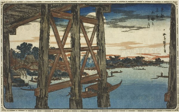 Twilight Moon at the Ryogoku Bridge (Ryogoku no yoizuki), from the series Famous Views of the Eastern Capital (Toto meisho), c. 1831, Utagawa Hiroshige ?? ??, Japanese, 1797-1858, Japan, Color woodblock print, oban, 22.4 x 35.9 cm (8 3/4 x 14 1/16 in.)