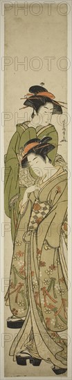 Two Women Taking a Stroll, c. 1781/89, Kitao Masanobu (Santo Kyoden), Japanese, 1761–1816, Japan, Color woodblock print, hashira-e, 27 1/2 x 4 5/8 in.